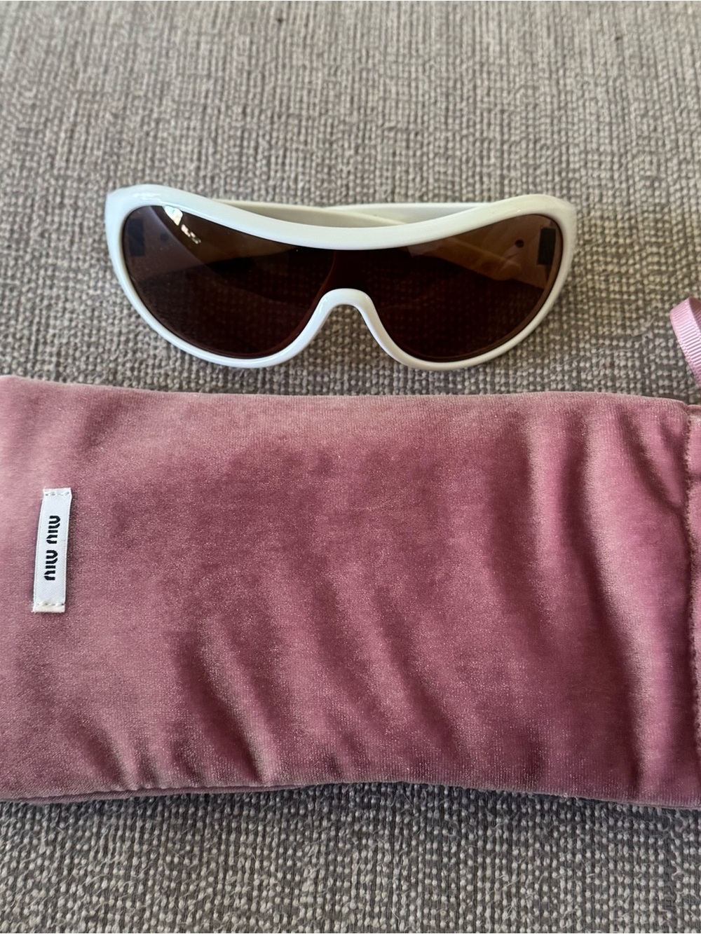 Miu Miu White Shield Sunglasses with Brown Lenses and Pink Velvet Pouch